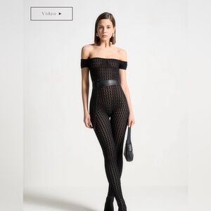 Nwt Maniere de voir pointelle Bardot knit Black Off-Shoulder Jumpsuit L